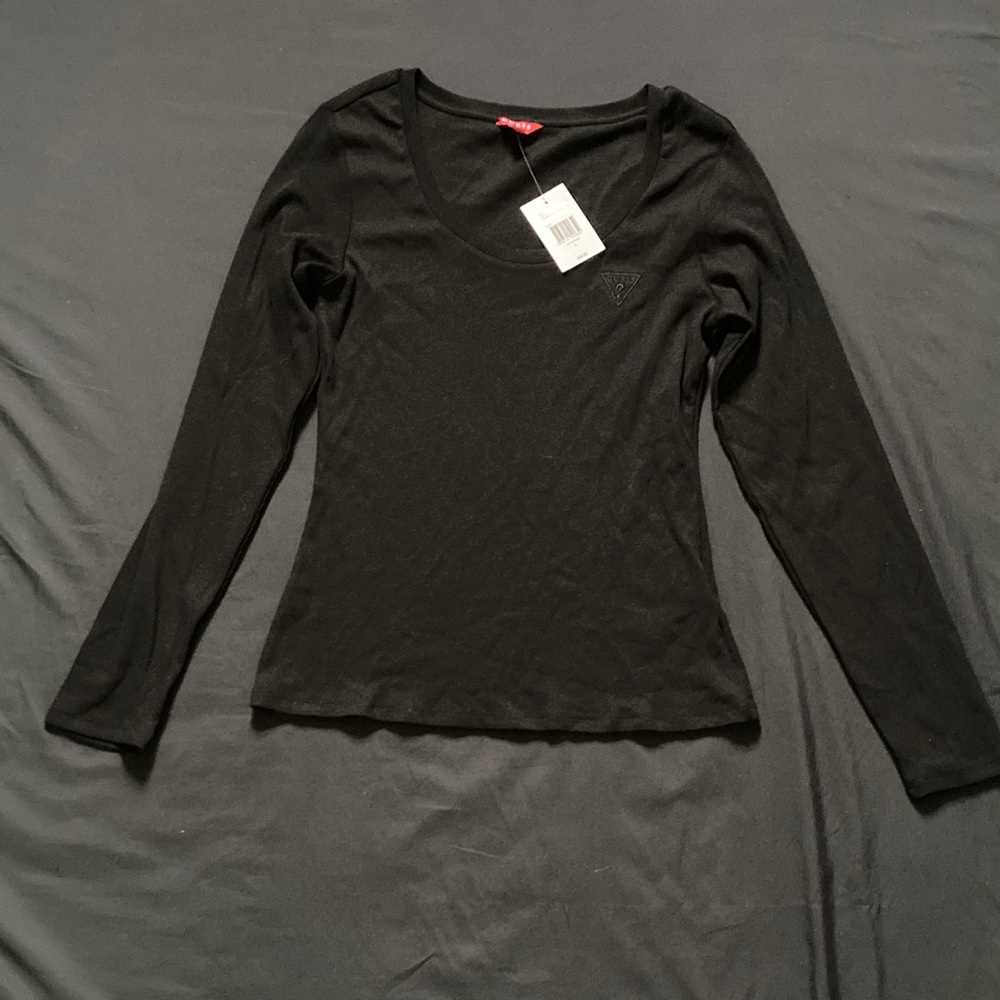 NWT Guess Black Scoop Neck Long Sleeve Ribbed Top Embroidered Logo Size L